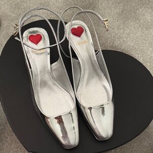 Larroude Silver Slingback with Red Heart Detail